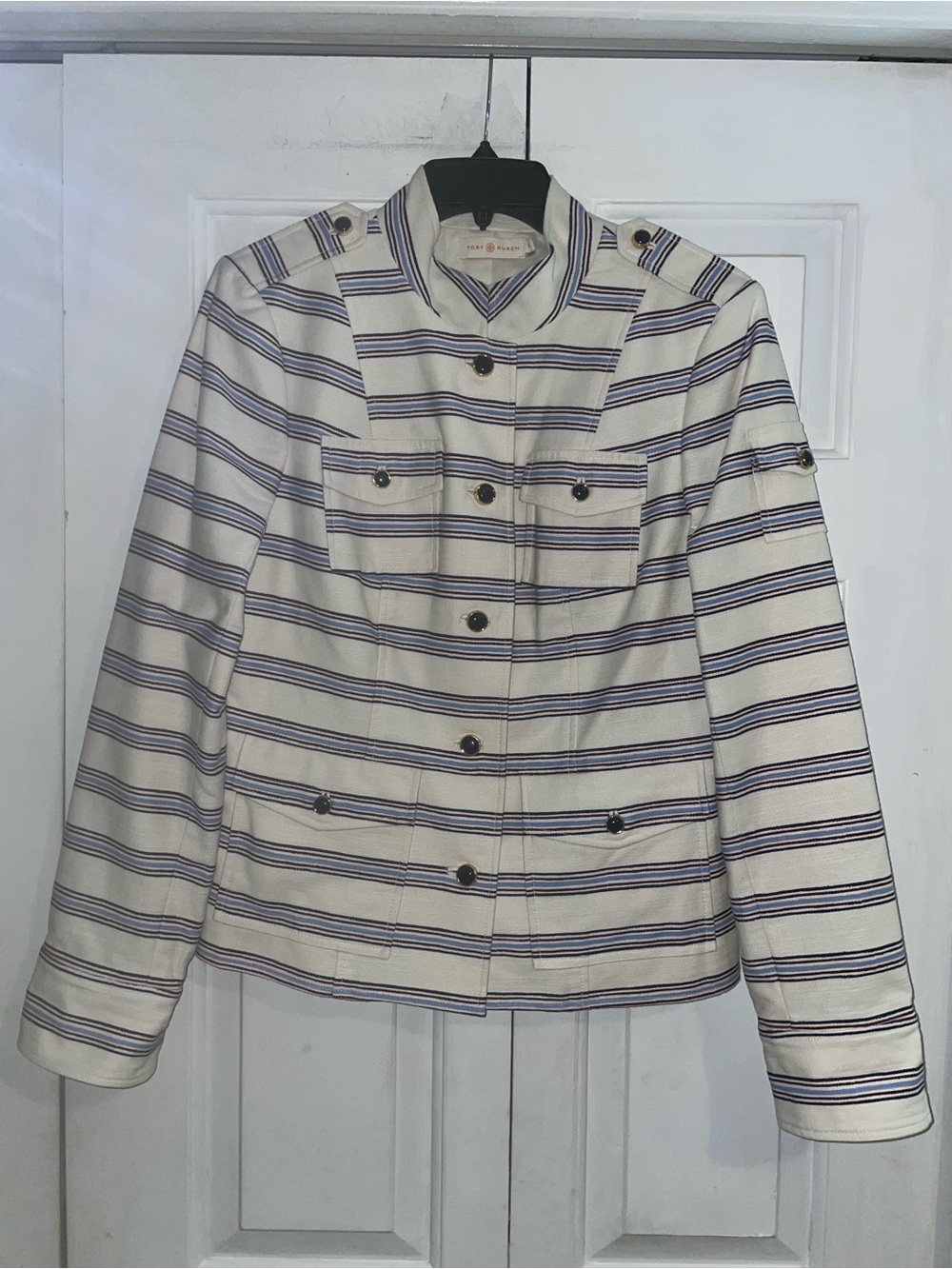 Tory Burch ivory Jacket blazer with black, blue, burgundy Striped size 10